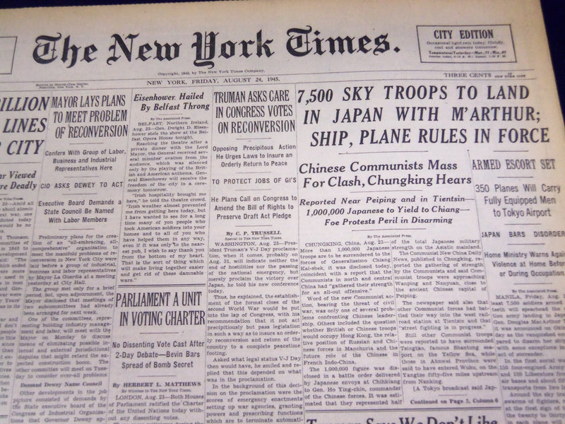1945 AUG 24 NEW YORK TIMES - 7,500 SKY TROOPS TO LAND IN JAPAN M'ARTHUR - NT 507
