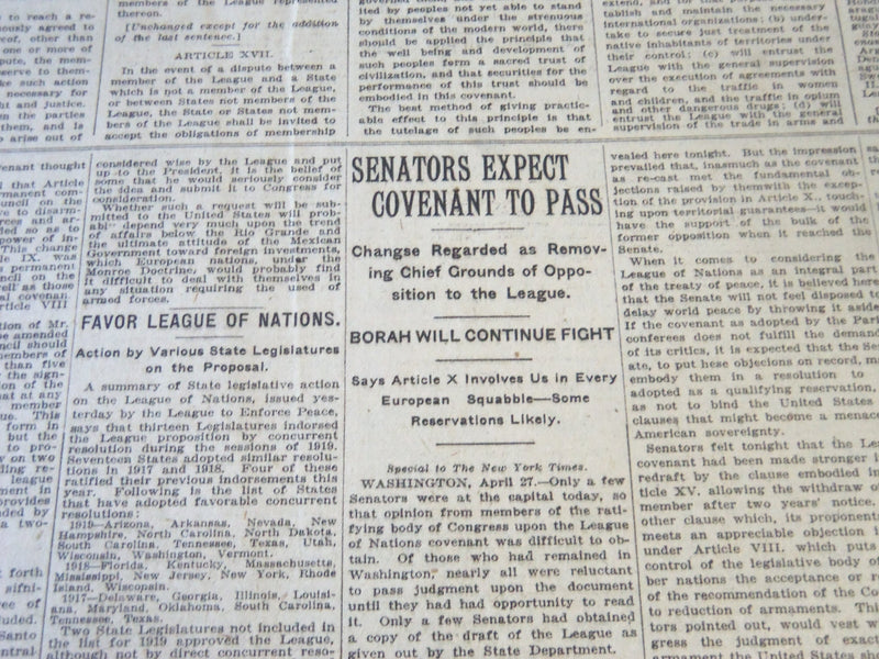 1919 APRIL 28 NEW YORK TIMES - FULL TEXT OF REVISED COVENANT OF LEAGUE - NT 6313