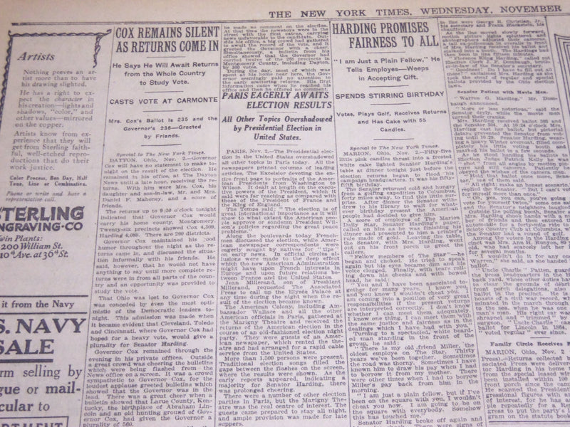 1920 NOVEMBER 3 NEW YORK TIMES - HARDING WINS MILLION LEAD HERE - NT 7115