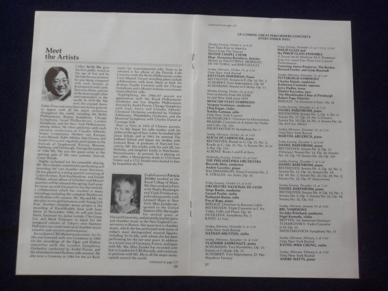 1986 SEPTEMBER 28 AVERY FISHER HALL YO-YO MA - PARTICIA ZANDER SIGNED PROGRAM