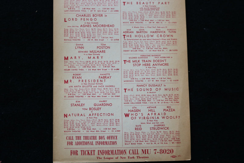 1963 EMERGENCY BROADWAY THEATERE DIRECTORY LISTING - K 2230
