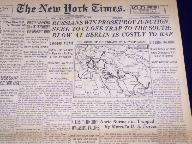 1944 MARCH 26 NEW YORK TIMES - RUSSIANS WIN PROSKUROV JUNCTION - NT 1786