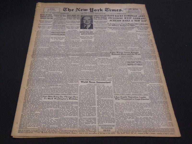 1952 FEB 23 NEW YORK TIMES - NATO BACKS EUROPEAN ARMY & WEST GERMANY - NT 4535