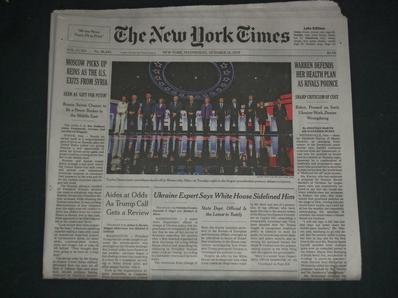 2019 OCTOBER 16 NEW YORK TIMES - TWELVE DEMOCRATIC CANDIDATES DEBATE IN OHIO