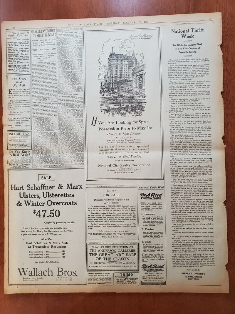 1921 JANUARY 20 NEW YORK TIMES NEWSPAPER - CARPENTER FIGHT IS OFF - NT 8107