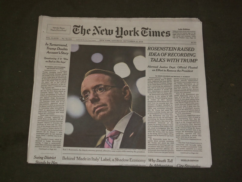 2018 SEPTEMBER 22 NEW YORK TIMES - ROSENSTEIN RAISED IDEA OF RECORDING TRUMP