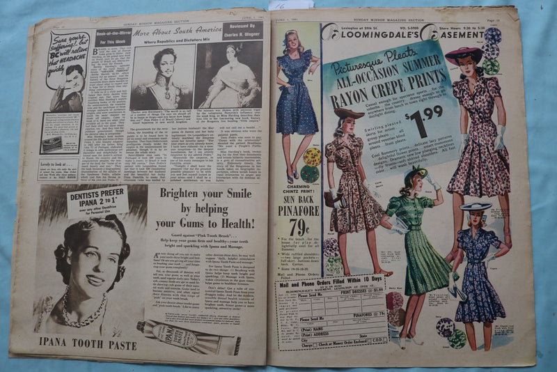 1941 JUNE 1 SUNDAY MIRROR NEWSPAPER MAGAZINE SECTION - ALICE FAYE - NP 9102