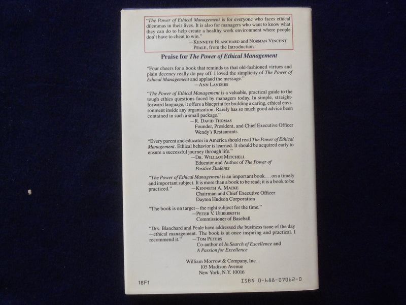 1988 POWER OF ETHICAL MANAGEMENT HARDCOVER BOOK BY BLANCHARD - SIGNED - KD 9324