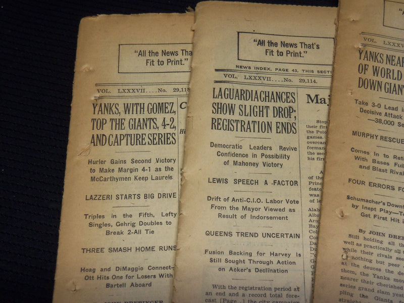 1936 WORLD SERIES YANKEES DEFEAT GIANTS 4-2 NEW YORK TIMES LOT OF 7 - NT XXXX