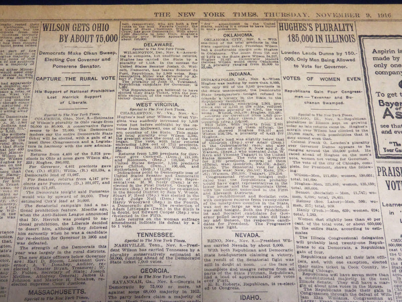 1916 NOVEMBER 9 NEW YORK TIMES - WILSON 251 HUGHES 247 ELECTION - NT 7688