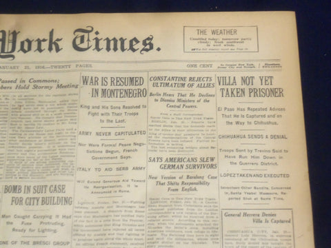 1916 JANUARY 21 NEW YORK TIMES - VILLA NOT YET TAKEN PRISIONER - NT 9070
