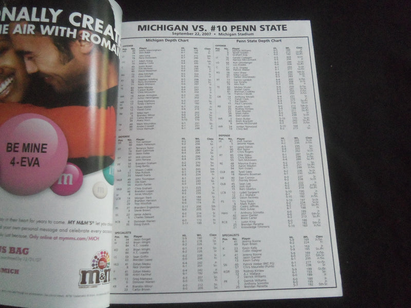 2007 SEPTEMBER 22 FOOTBALL PROGRAM-UNIV OF MICHIGAN VS PENN STATE UNIV - B 5533Q