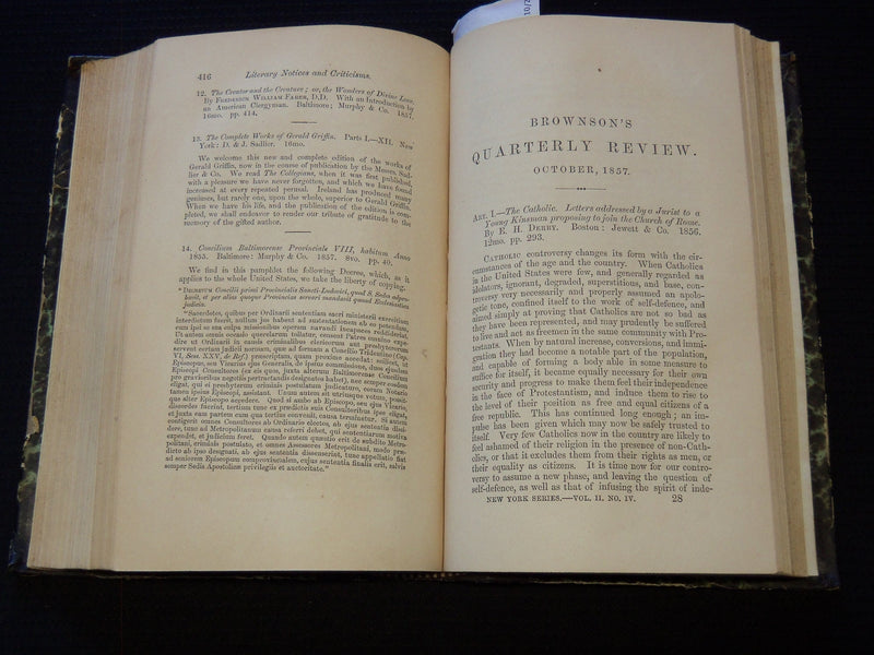 1857 BROWNSON'S QUARTERLY REVIEW MAGAZINE BOUND VOLUME NO. 2 - KD 7808