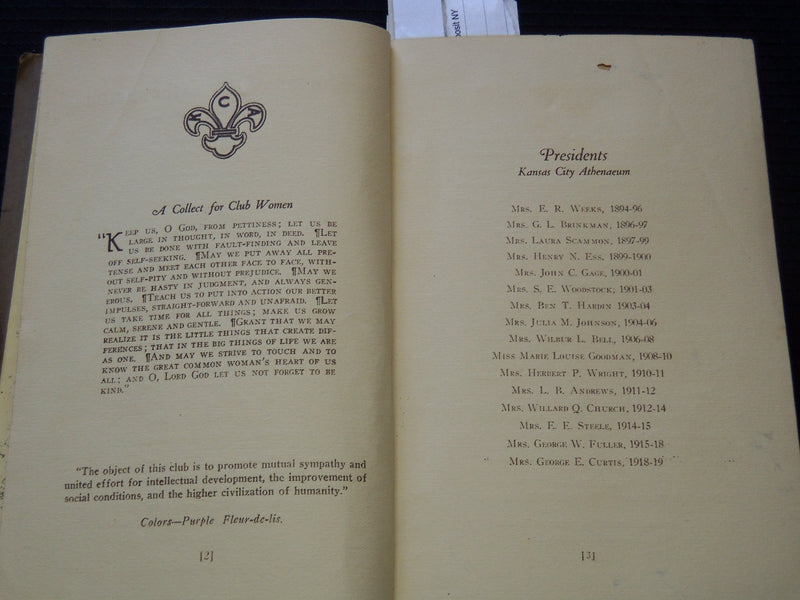 1919-1920 KANSAS CITY ATHENAEUM YEAR BOOK - J 7316