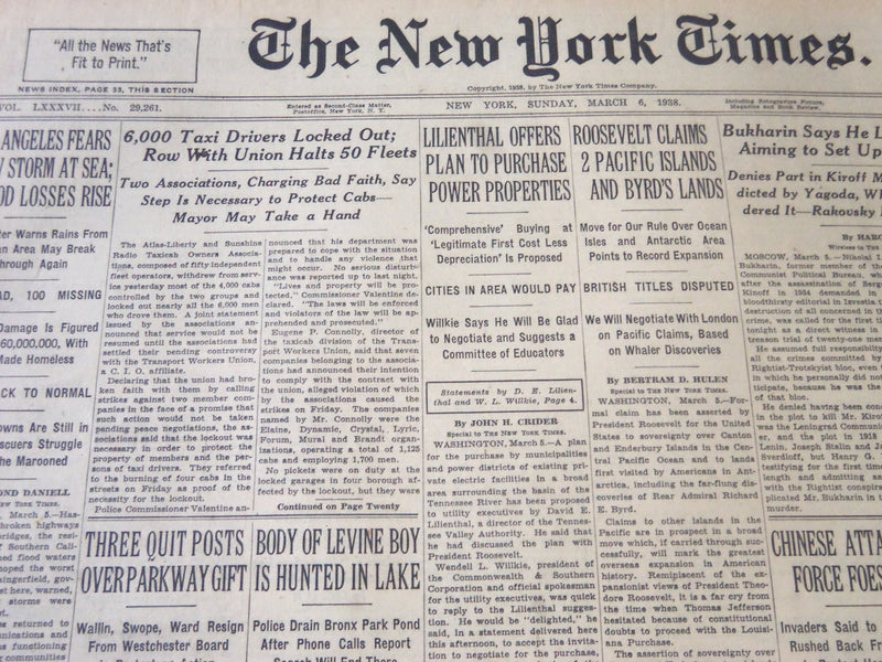 1938 MARCH 6 NEW YORK TIMES - 6,000 TAXI DRIVERS LOCKED OUT - NT 6271