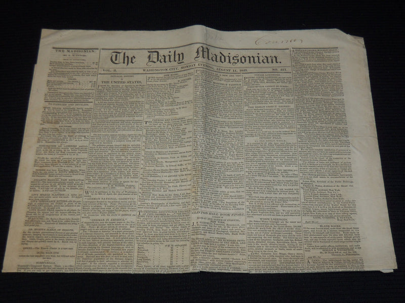 1843 AUGUST 14 THE DAILY MADISONIAN NEWSPAPER - JOHN TYLER -WASHINGTON- NP 3877G