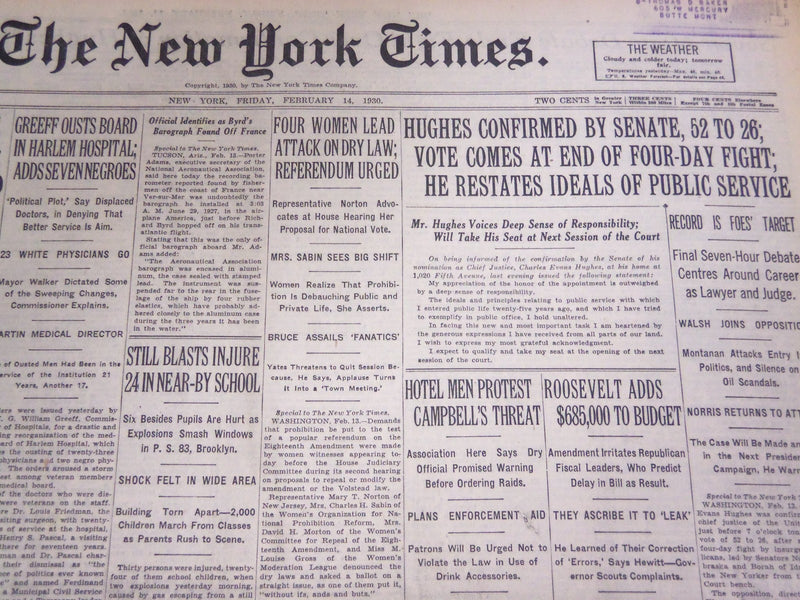 1930 FEBRUARY 14 NEW YORK TIMES - HUGHES CONFIRMED BY SENATE 52 TO 26 - NT 4959