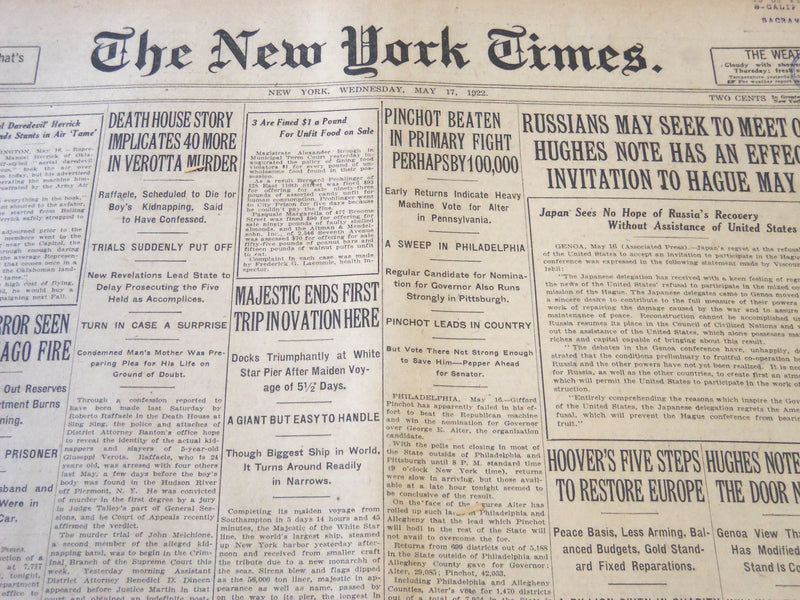 1922 MAY 17 NEW YORK TIMES - PINCHOT BEATEN IN PRIMARY FIGHT - NT 5796