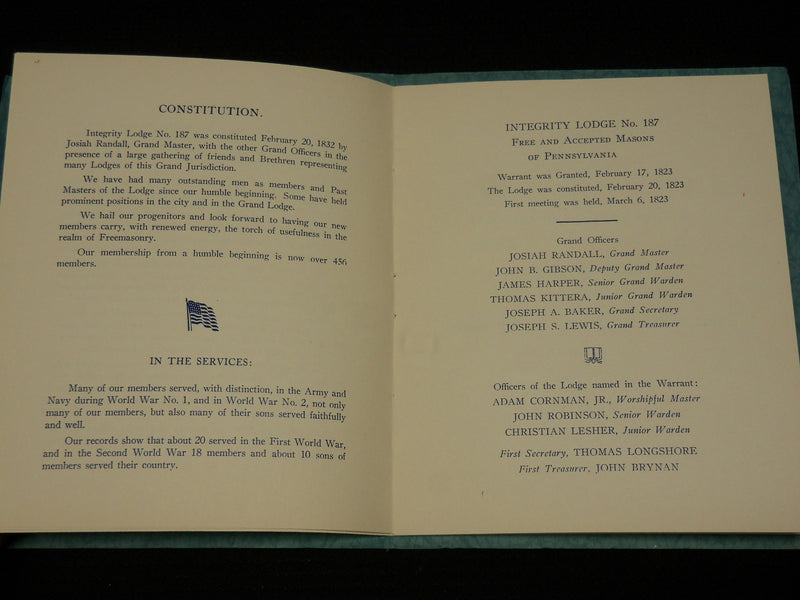 1948 INTEGRITY LODGE NO. 187 MASONS 1823-1948 125TH ANNIVERSARY BOOK - J 6997