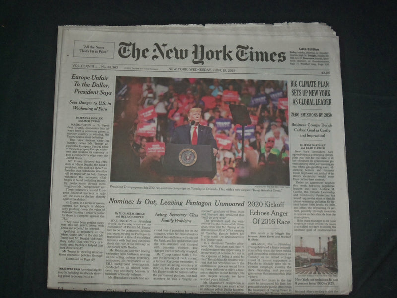 2019 JUNE 19 NEW YORK TIMES - TRUMP OPENS 2020 RE-ELECTION CAMPAIGN IN ORLANDO