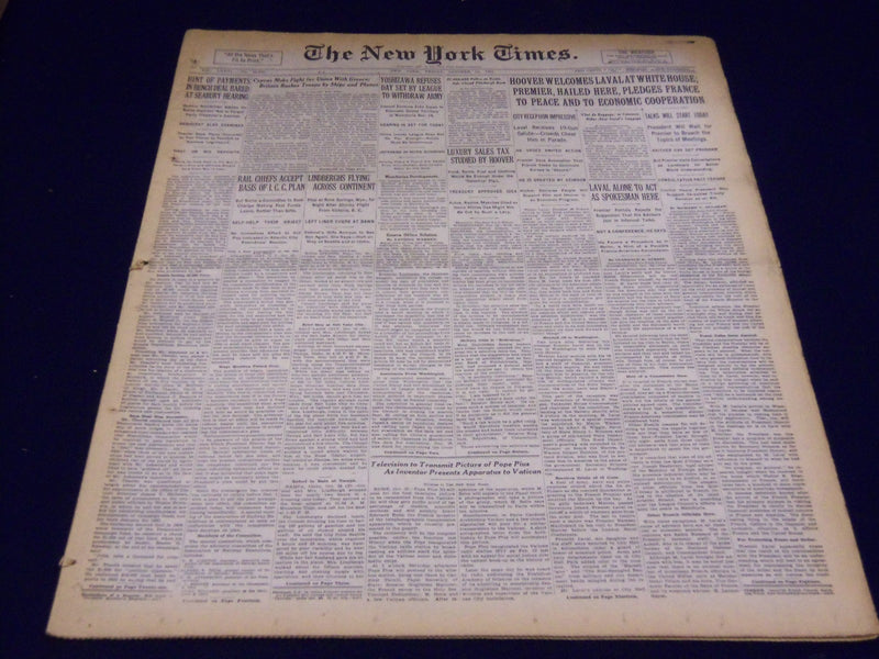 1931 OCTOBER 23 NEW YORK TIMES - HOOVER WELCOMES LAVAL - NT 4147