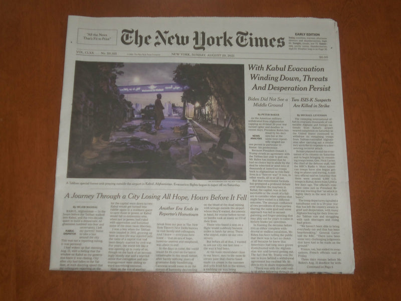 2021 AUGUST 29 NEW YORK TIMES - KABUL EVACUATION WINDING DOWN, THREATS PERSIST