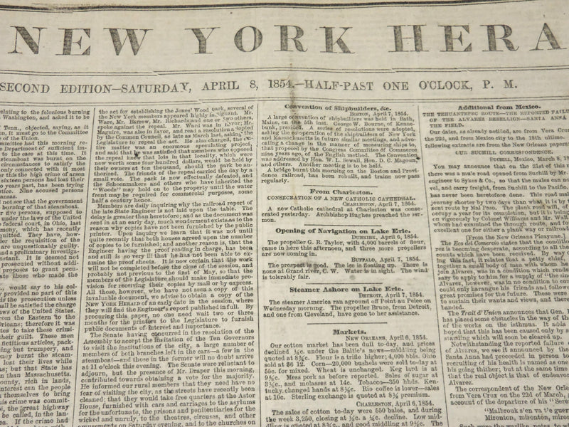 1854 APRIL 8 NEW YORK HERALD NEWSPAPER - GADSDEN TREATY - 33RD CONGRESS- NP 4892