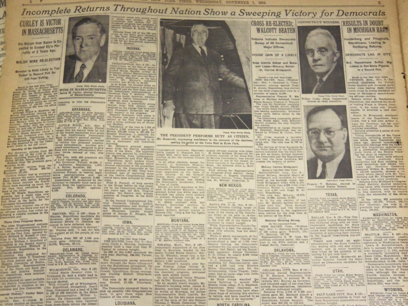 1934 NOVEMBER 7 NEW YORK TIMES - NEW DEAL SCORES NATION-WIDE VICTORY - NT 1711