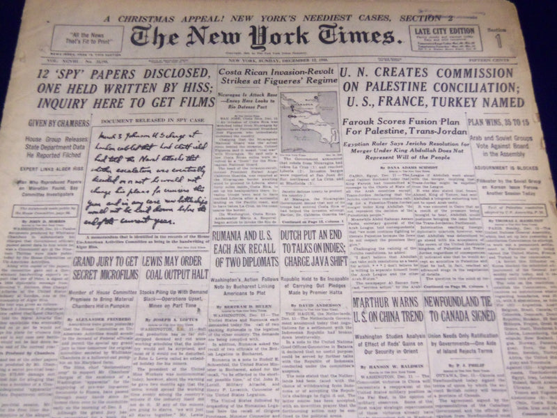 1948 DECEMBER 12 NEW YORK TIMES - HISS SPY PAPERS DISCLOSED - NT 3356