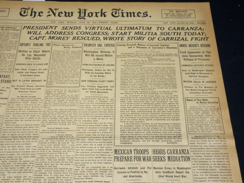 1916 JUNE 26 NEW YORK TIMES - PRESIDENT SENDS ULTIMATUM TO CARRANZA - NT 8621
