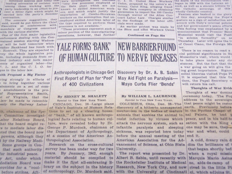 1939 DEC 29 NEW YORK TIMES BARRIER FOUND TO NERVE DISEASES DR. A. SABIN - NT 595