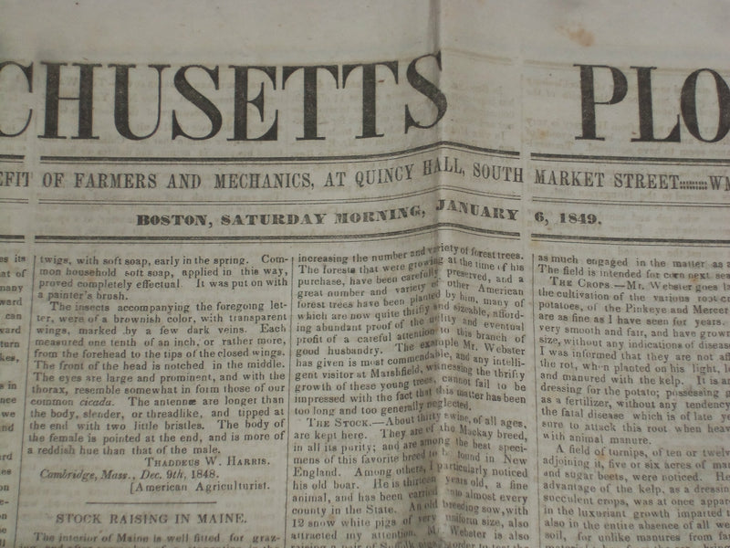 1849 JANUARY 6 MASSACHUSETTS PLOUGHMAN NEWSPAPER - QUINCY ADAMS - GOLD - NP 5159
