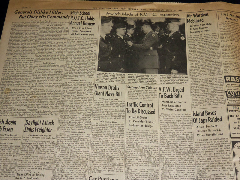 1942 JUNE 3 NEW BEDFORD STANDARD TIMES NEWSPAPER- JAPS BOMB ALASKA BASE- NT 8906