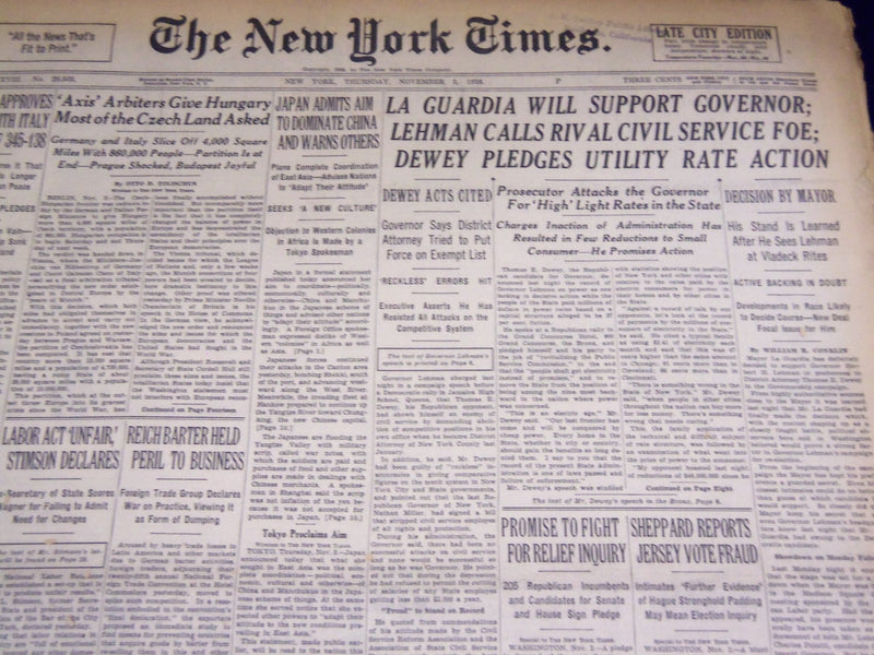 1938 NOVEMBER 3 NEW YORK TIMES - LA GUARDIA WILL SUPPORT LEHMAN - NT 2844
