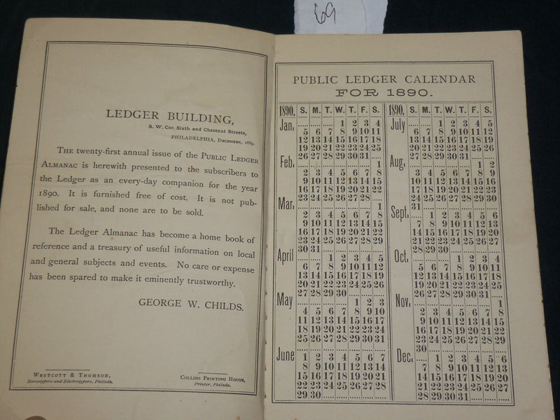 1890 PUBLIC LEDGER ALMANAC - 21ST ANNUAL - JOHNSTOWN DISASTER - J 5952