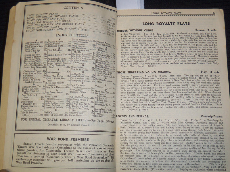 1945 SUPPLEMENT TO FRENCH'S BASIC CATALOGUE OF PLAYS - SOFTCOVER BOOK - K 2631