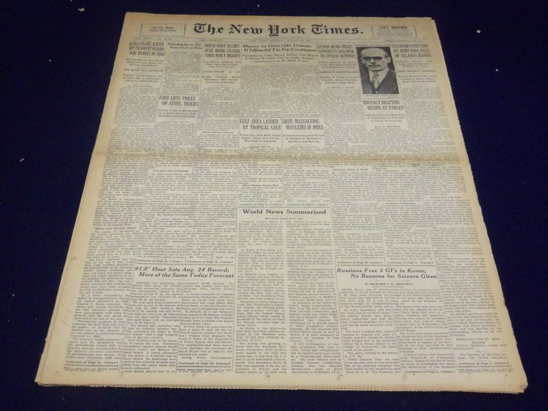 1947 AUGUST 25 NEW YORK TIMES - SIKHS MASSACRING MUSLIMS IN INDIA - NT 3487