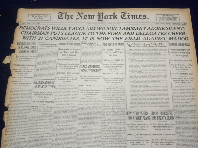 1920 JUNE 29 NEW YORK TIMES - DEMOCRATS WILDLY ACCLAIM WILSON - NT 9117