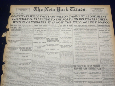 1920 JUNE 29 NEW YORK TIMES - DEMOCRATS WILDLY ACCLAIM WILSON - NT 9117