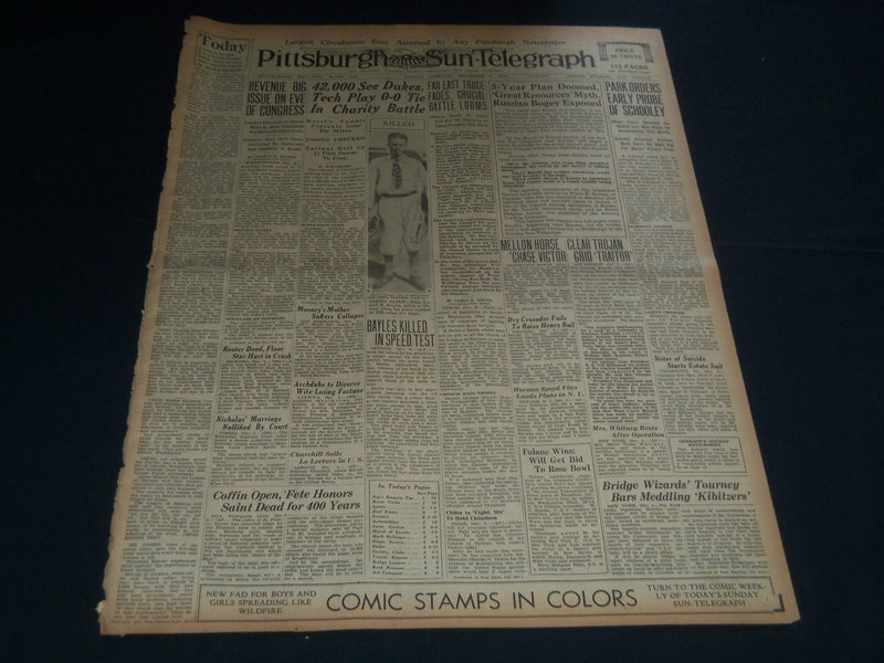 1931 DECEMBER 6 PITTSBURGH SUN-TELEGRAPH - BAYLES KILLED IN SPEED TEST - NT 7531