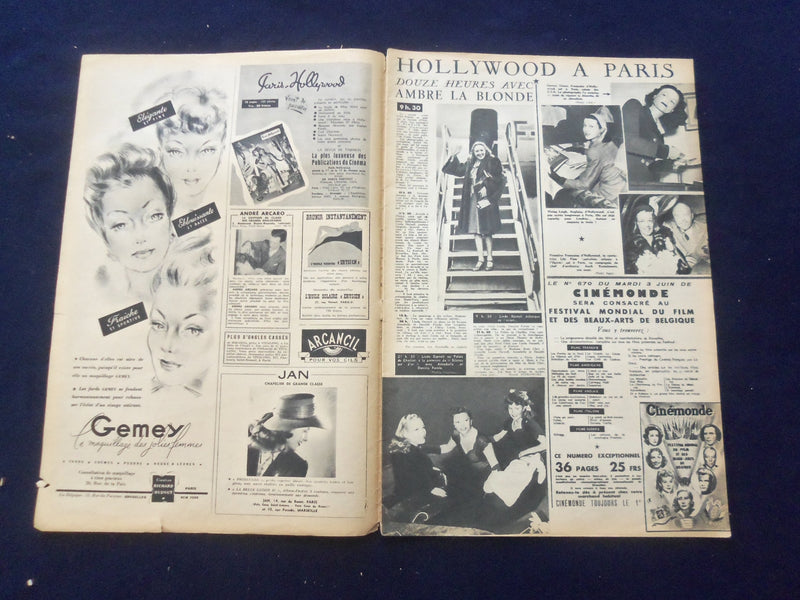 1947 MAY 27 CINEMONDE MAGAZINE -MICHELE MORGAN COVER - FRENCH EDITION- SP 4867Z