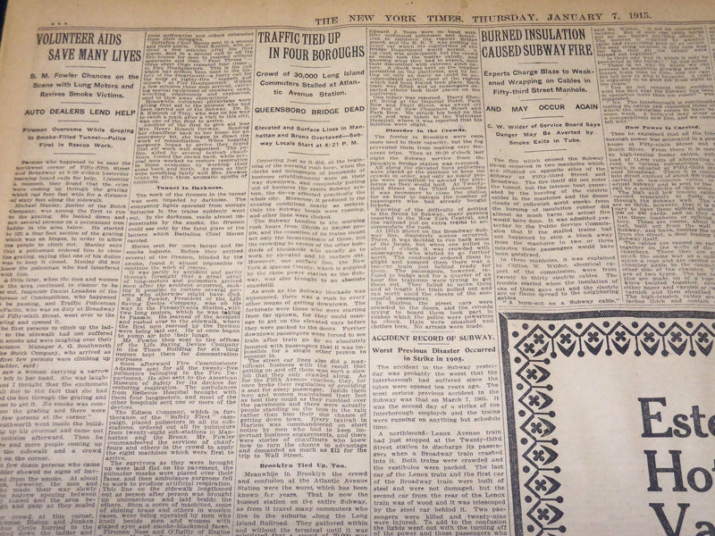 1915 JANUARY 7 NEW YORK TIMES - PANIC IN SUBWAY 1 DEAD 210 HURT - NT 7817