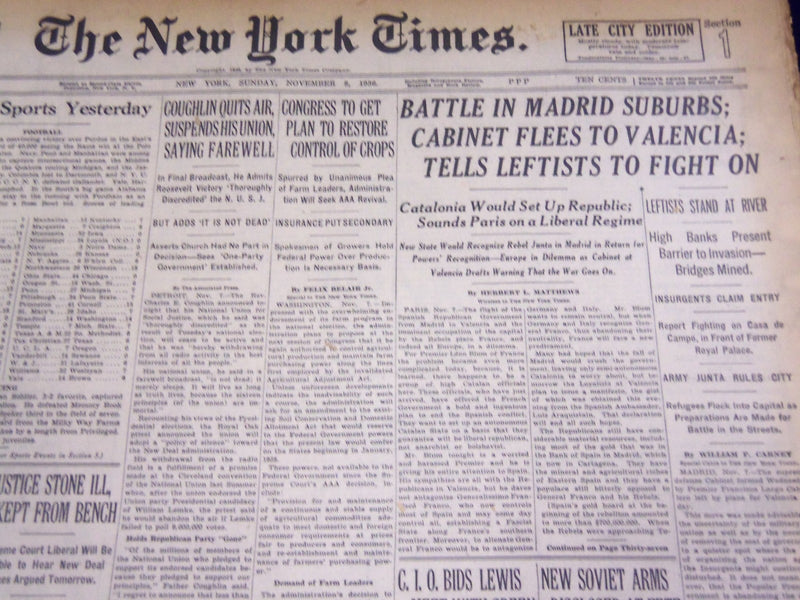 1936 NOV 8 NEW YORK TIMES - BATTLE IN MADRID SUBURBS LEFTISTS FIGHT ON - NT 1858
