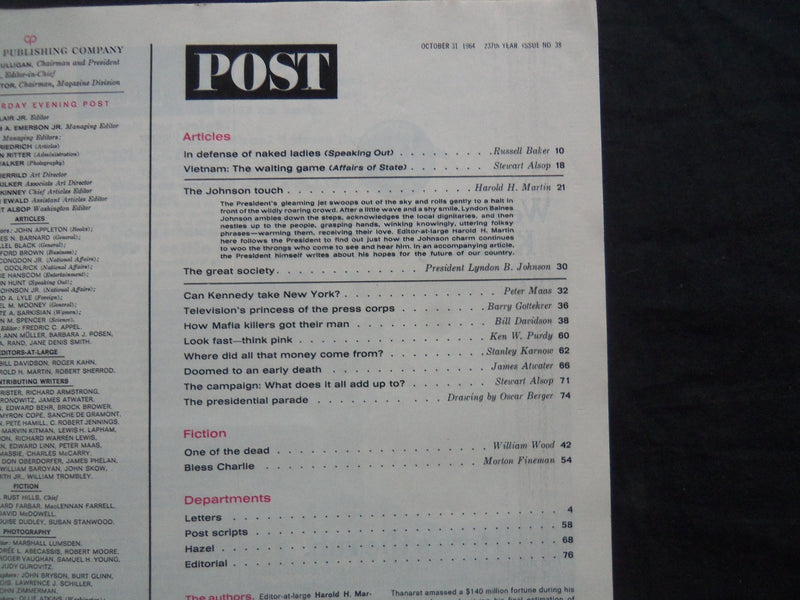 1964 OCT 31 THE SATURDAY EVENING POST MAGAZINE - LYNDON JOHNSON COVER - SP 2411