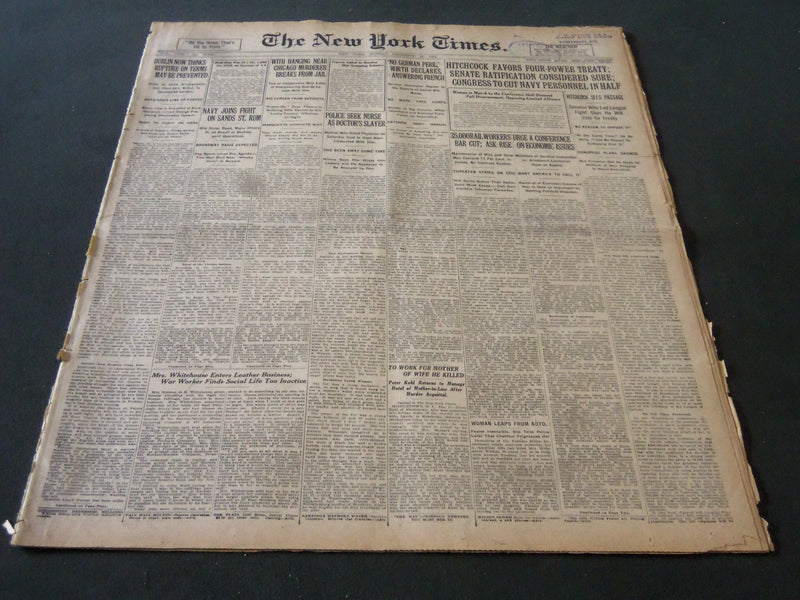 1921 DECEMBER 12 NEW YORK TIMES - HITCHCOCK FAVORS FOUR-POWER TREATY - NT 6138