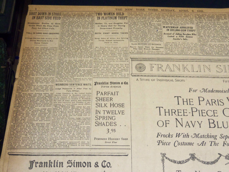 1922 APRIL 2 NEW YORK TIMES NEWSPAPER - 6,000 COAL MINES ARE IDLE - NT 8573