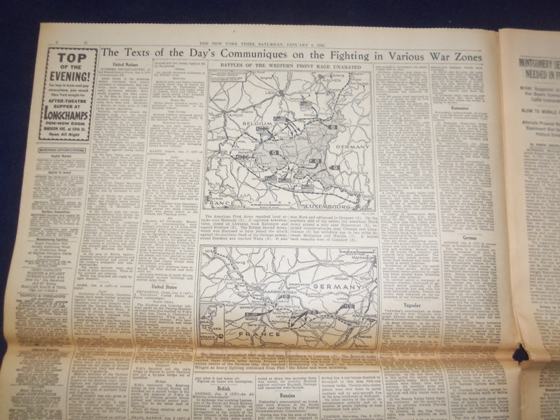 1945 JAN 6 NEW YORK TIMES - ALLIES CUT 3 MILES INTO NAZI BULGE IN NORTH- NP 6644