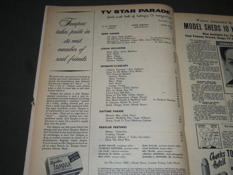1954 NOVEMBER TV STAR PARADE MAGAZINE - DINAH SHORE COVER - ST 4962