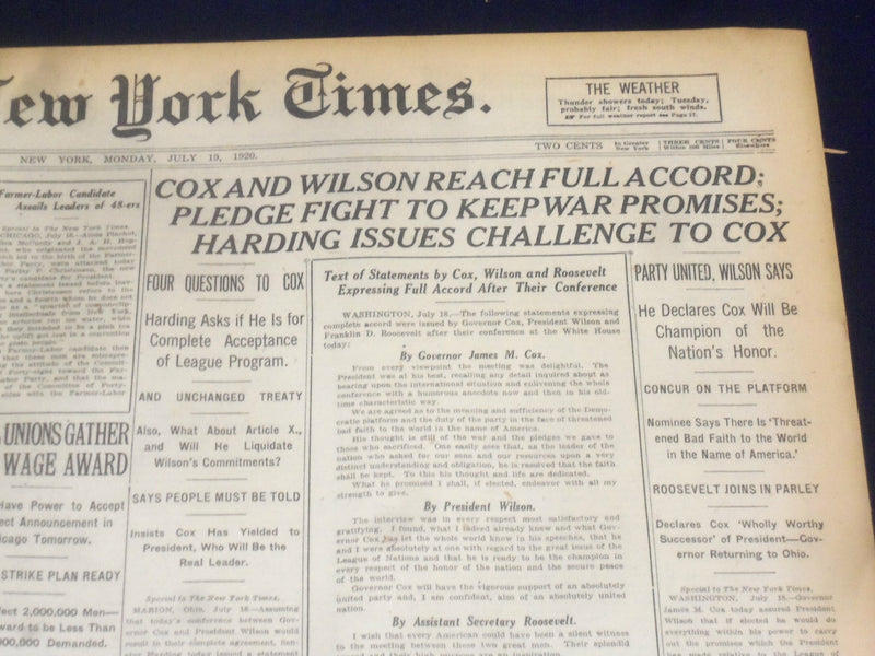 1920 JULY 19 NEW YORK TIMES - HARDING ISSUES CHALLANGE TO COX - NT 9344
