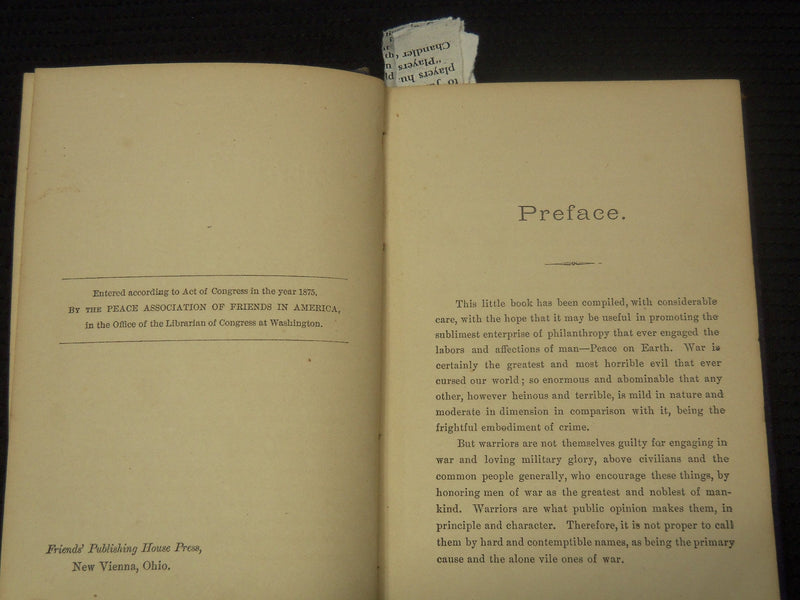 1875 THE DAILY REMEMBRANCER ON PEACE & WAR BOOK BY JOHN HEMMENWAY - KD 2100